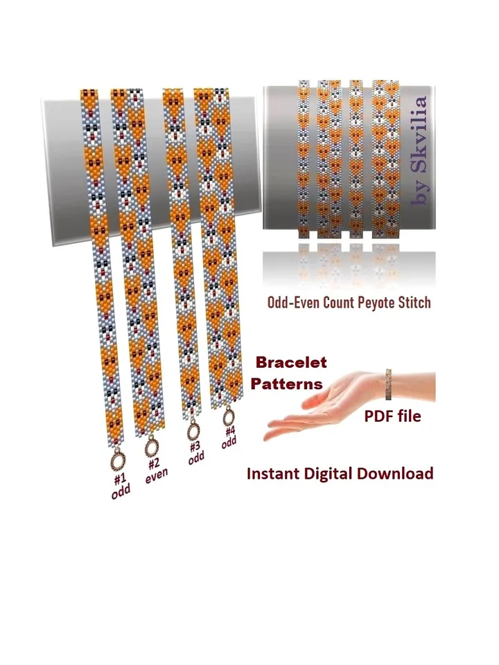 Flat Even & Odd Count Peyote Stitch Beading Patterns «Fox and Rabbit» Cuff Bracelets, Miyuki Delica or Czech beads Preciosa, Instant Download
