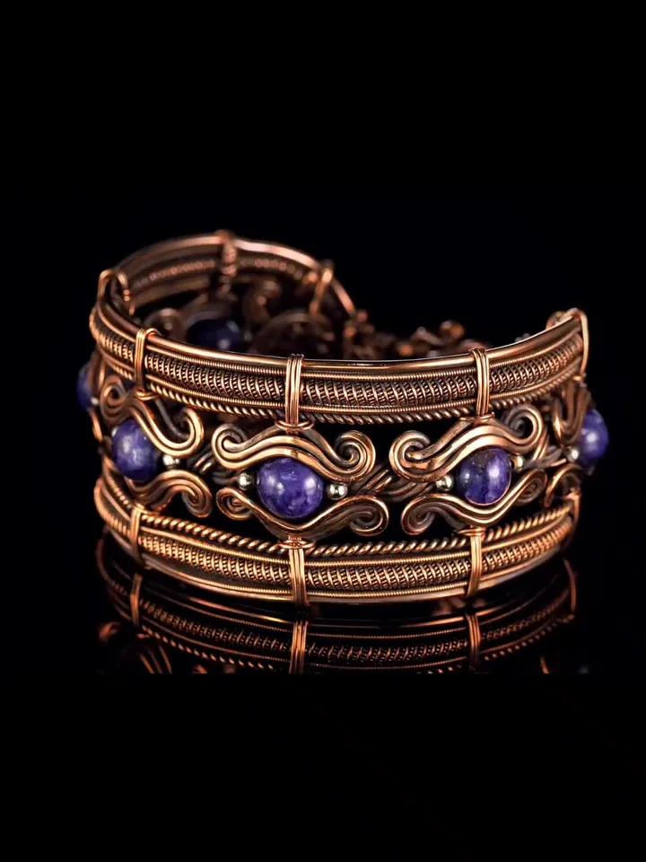 Copper wire wrapped bracelet with charoite for lady Antique style WireWrapArt
