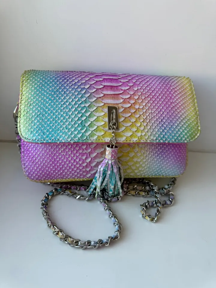 Genuine python skin midi crossbody bag unicorn rainbow color, summer bright crossbody, elegant classy crossbody purse genuine leather