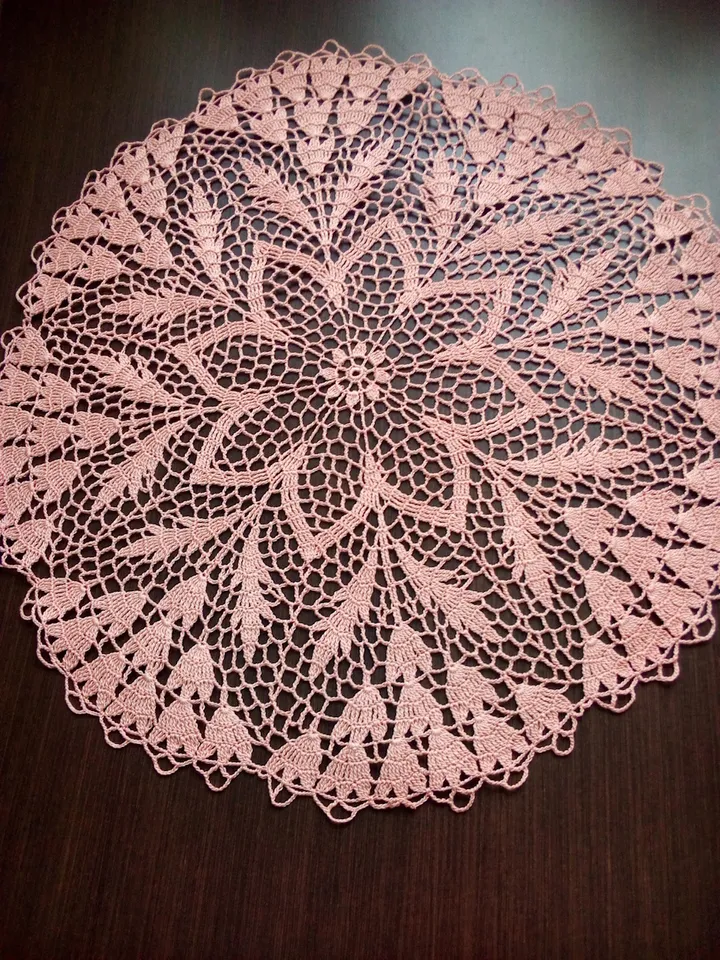 Hand crocheted large lace lacy salmon doily 21.65 inch