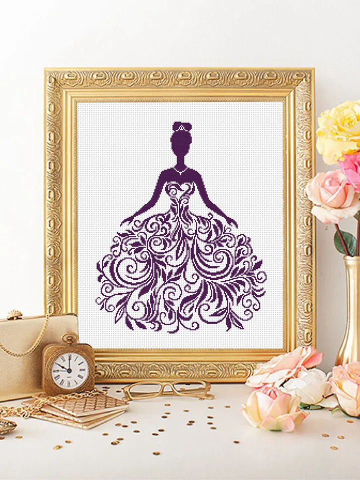 Wedding Dress cross stitch pattern download PDF Silhouette bride cross stitch chart, Monochrome cross stitch mandala dress, Home decor #M193