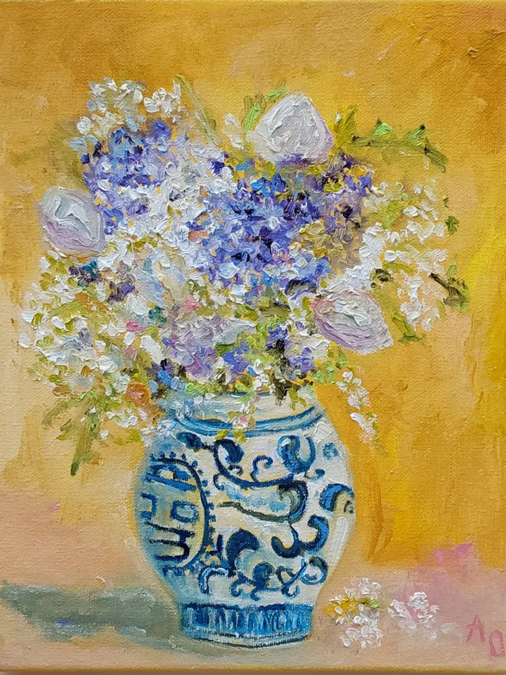 Oil painting on canvas "Still life. Bouquet of lilacs in a Chinese vase" 24x30cm (9.6x12inch)