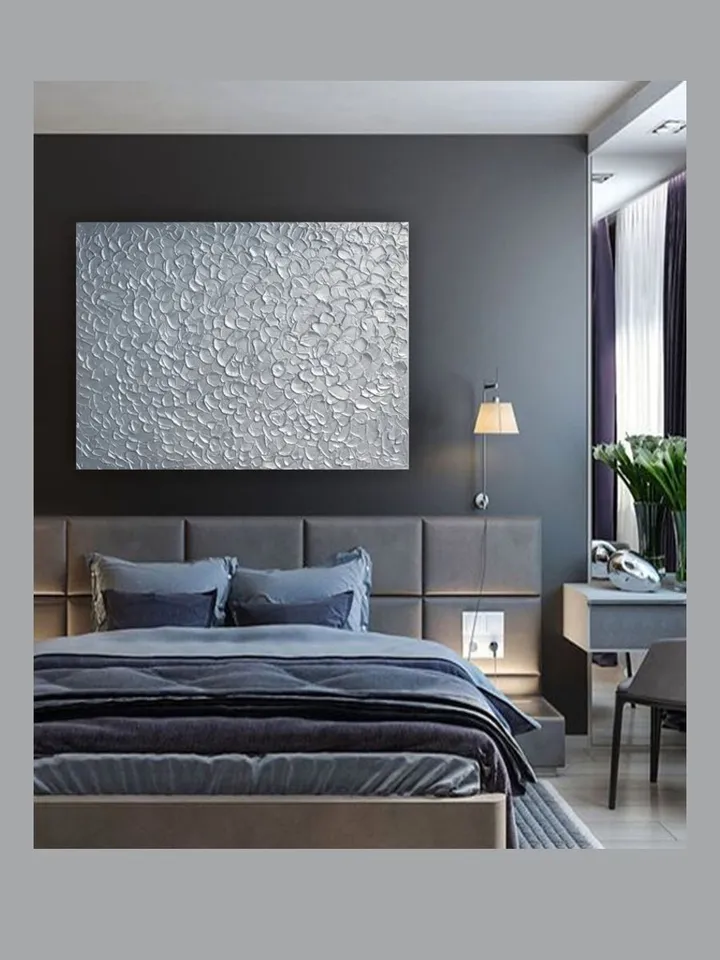 Silver Abstract Wall Art Glittery Silver Painting Textured artwork | Living room wall art Light Silver home decor