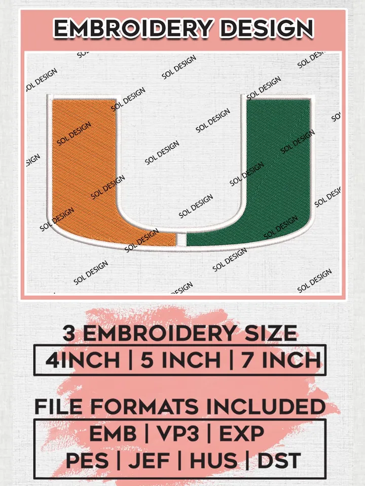 Miami Hurricanes Logo Machine Embroidery Design, NCAA Miami Hurricanes Embroidery Design Design files, NCAA Embroidery Designs, NCAA Machine Embroidery Designs, Digital Download