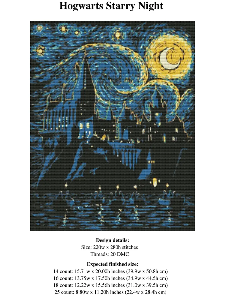 Hogwarts Cross Stitch Pattern / Harry Potter Cross Stitch Pattern / Starry Night PDF Cross Stitch Chart / Printable PDF