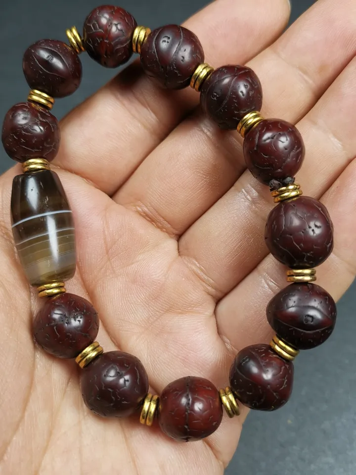Gandhanra Antique Tibetan Striped Agate Bead Wrist Mala, Bodhi Seed Beads Bracelet,Diameter 2.5 inches