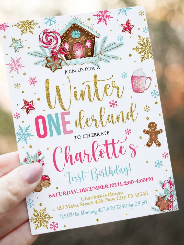Winter Onederland Invitation Girl 1st Birthday Invitation, Gingerbread Birthday Winter Wonderland Birthday Invitation, Editable Template