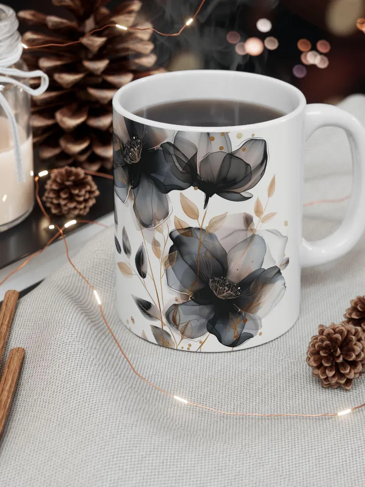 Elegant Floral Mug, Botanical Coffee Cup, White Ceramic Drinkware, Gift for Gardeners, Mother's Day Present