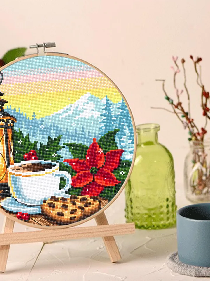 Christmas coffee cup cross stitch pattern PDF download Cozy cross stitch chart, Christmas pattern digital PDF, Mountain landscape #N190