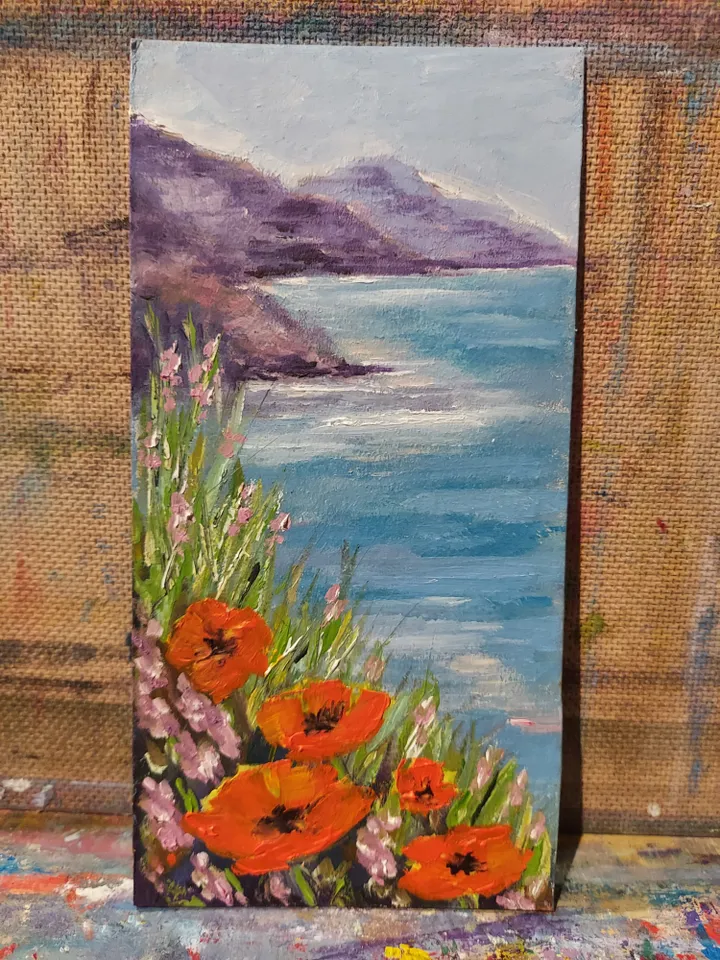 Seascape Original Painting Sea Mountains Original Art Seascape Red Flowers Wall Artwork Seacoast Painting Seaside Red Flowers Mountains Decor 4x8 inches by OlgaSokolovaArt