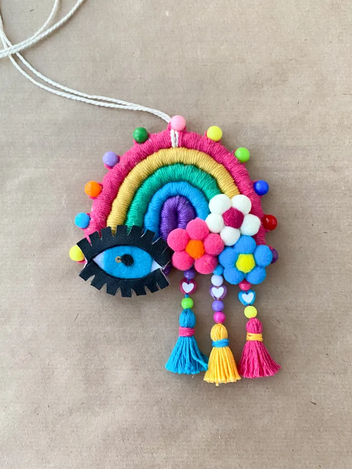 Rearview mirror accessories, Rainbow with evil eye car charm, Hippie decor 60s, 70s, Cute car charm for woman
