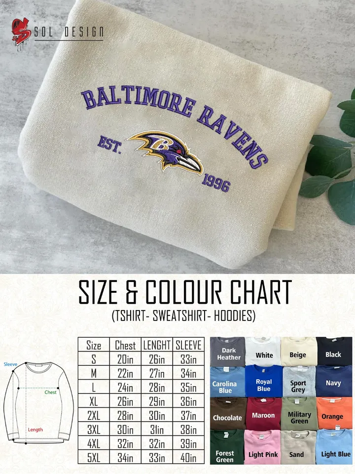 NFL Baltimore Ravens Est 1996 Embroidered Sweatshirt, NFL Baltimore Ravens Team Embroidered Shirt, Unisex Game Day Crewneck, Football Fan Gift Tee