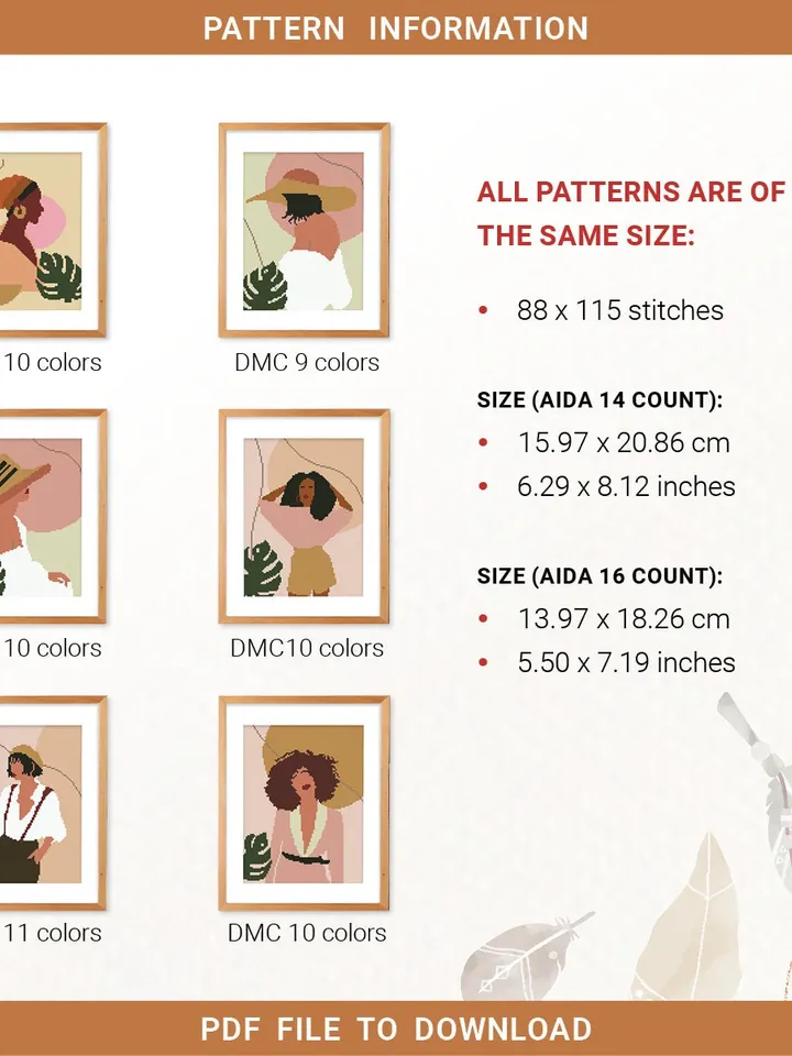 Bundle of 6 woman boho style cross stitch pattern, Floral, nature, girl home decor counted chart gift DIY embroidery beginner instant PDF