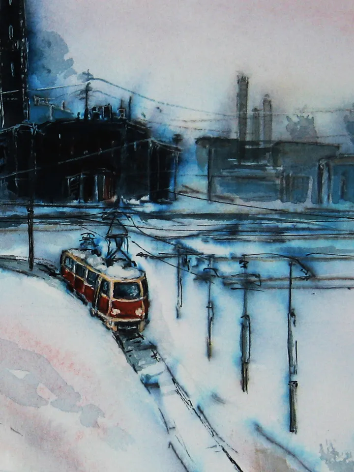Watercolor painting Tram life. Industrial landscape 21x30 cm (8,3x11,6 inches)