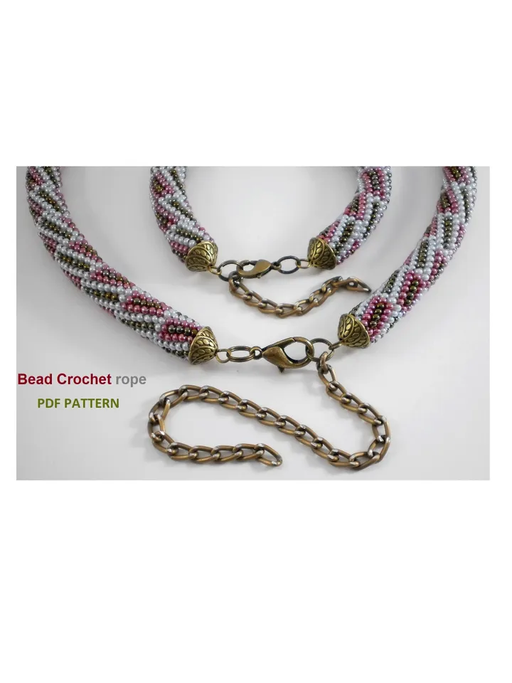 Bead crochet rope patterns for beading «Peekaboo» necklace and bracelet. Instant Download, PDF pattern