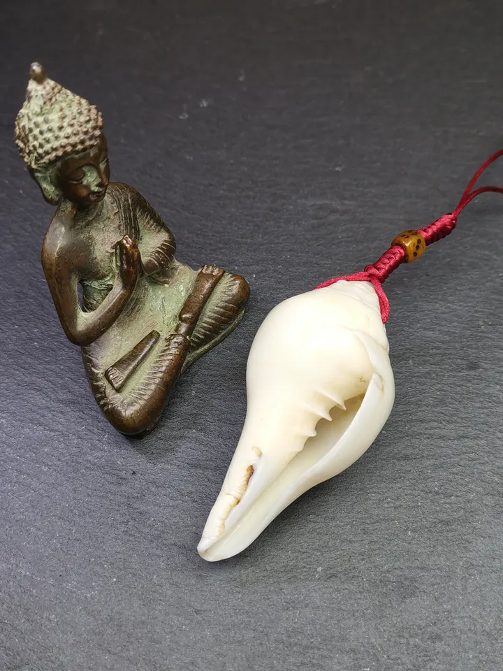 Gandhanra Tibetan Buddhism Amulet,Hand Carved White Conch Shankha with Mandala Flower Pattern,Tibetan Ritual Implement