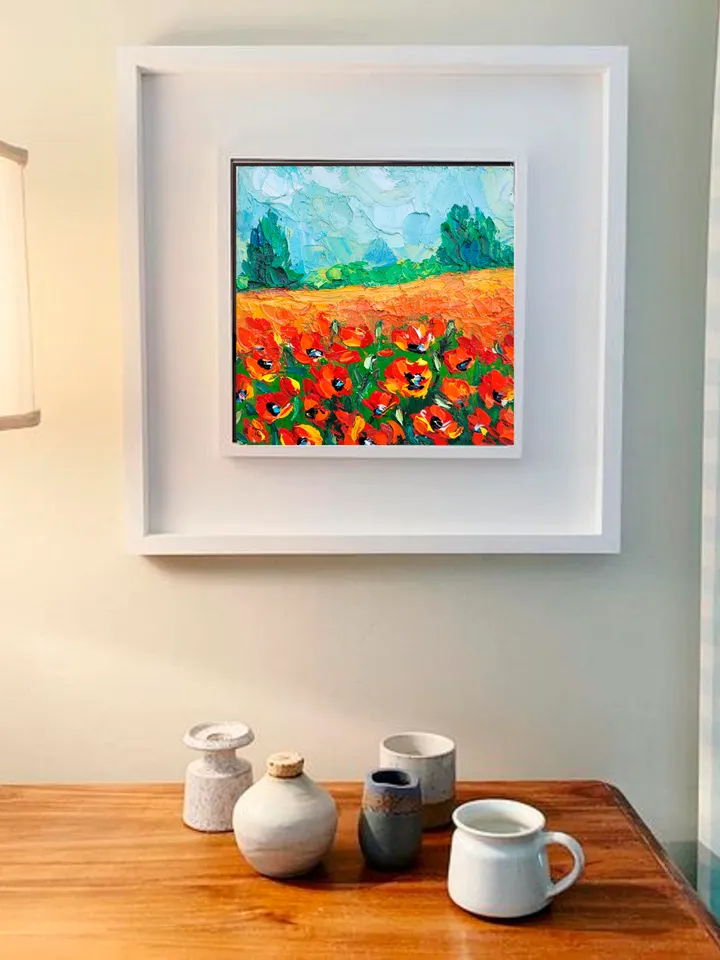 Poppy Field Painting Meadow Painting Original Impasto Oil Painting 6x6 Wildflower Landscape Painting Tuscany Painting Wall Decor Gift by ArtFromVictoria