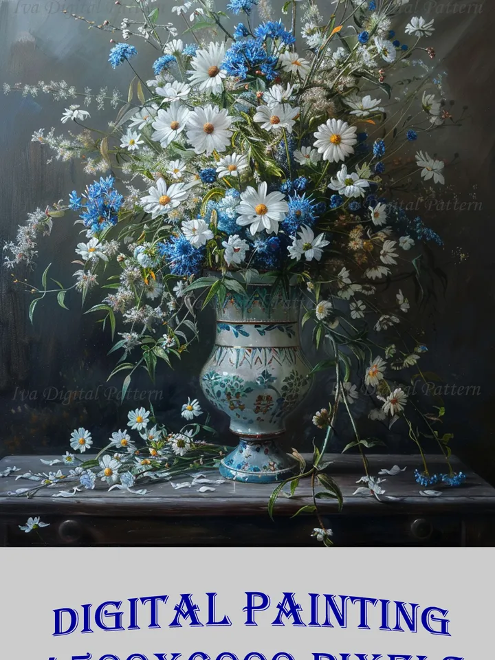 Digital Art, Abstract Painting with Blue Wildflowers, Wall Art Decor 3:4, Digital Print, Flowers in Vase