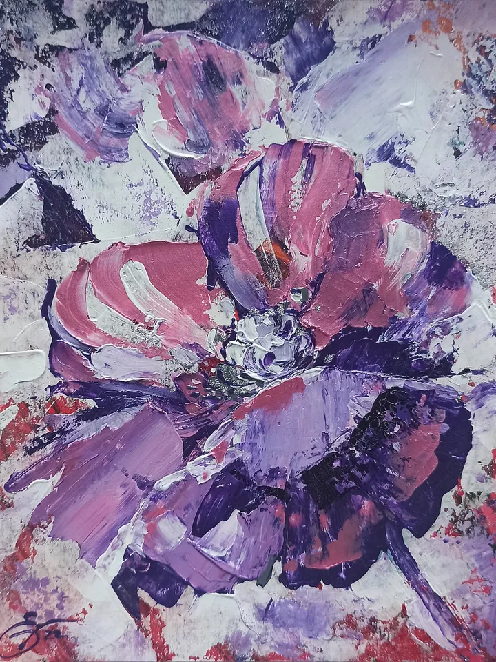 Abstract painting with garden flowers, "Peony flower", original acrylic painting on cardboard 25x20cm in a white wooden frame