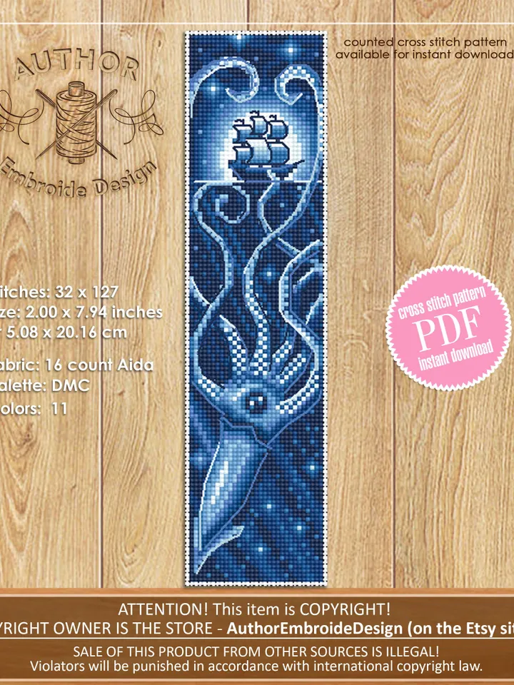 Ocean bookmark set cross stitch pattern download PDF Blue whale cross stitch, Kraken cross stitch Sea monster Handmade bookmark digital #B86