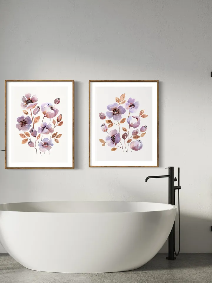 Purple Flowers Print, Watercolor Art Set Of 2, Farmhouse Decor ,Purple Wall Decor Print,Floral Wall Art, Flowers Decor, Purple Flowers Art