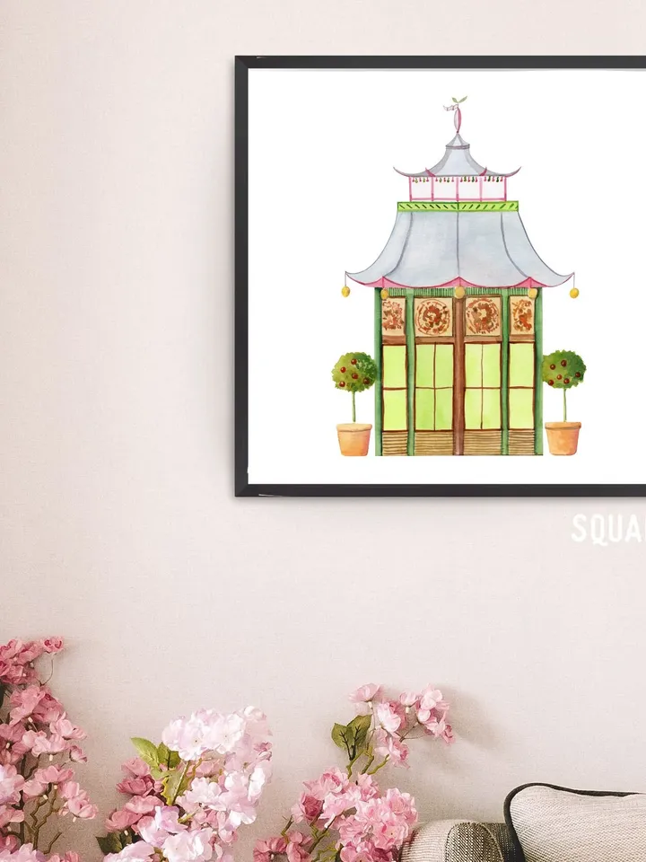 Pagoda Chinoiserie Watercolor Painting Asian Print Architectural Grandmillennial Chinoiserie Chic Pagoda Picture Chinese Art Japanese Print