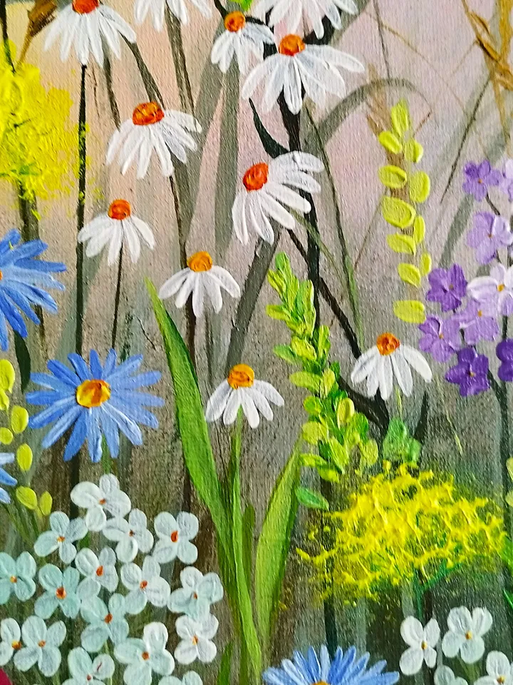 Flower landscape acrylic painting Wildflowers art impasto Summer meadow artwork