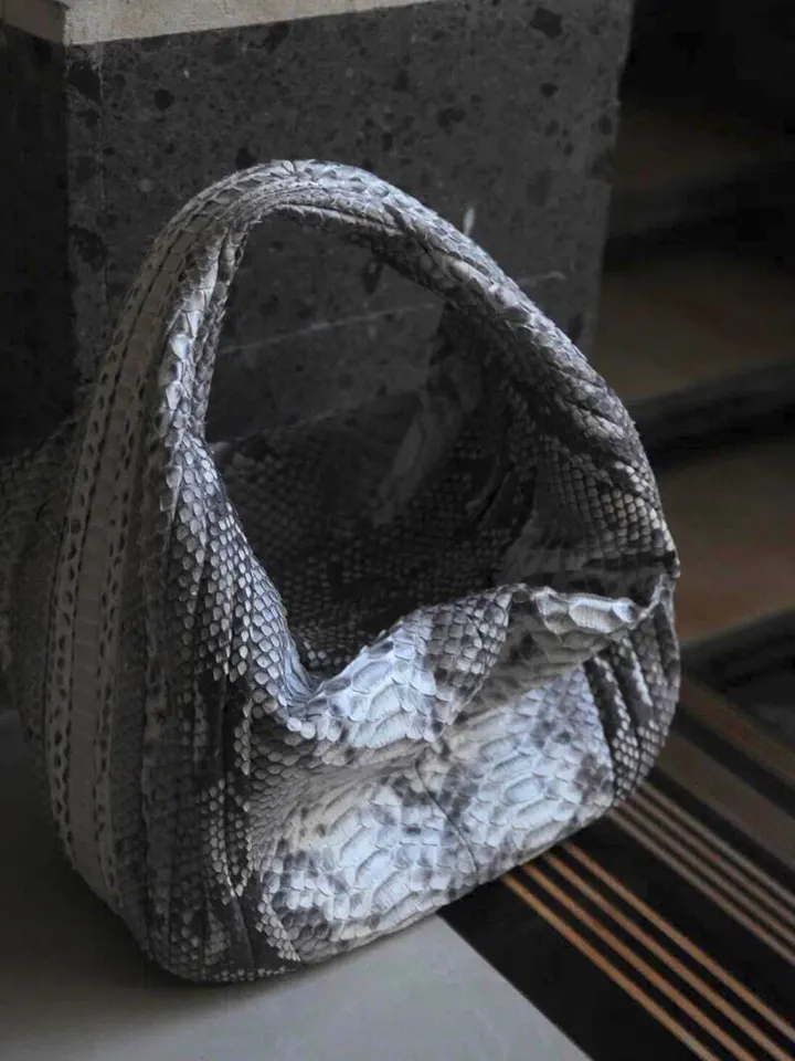 Medium Soft Hobo Classy Sport Woman Stitched Bag | Purse Genuine Python Skin | Dewi Gray Big Elegant Leather Designer Soft Bag Snake |