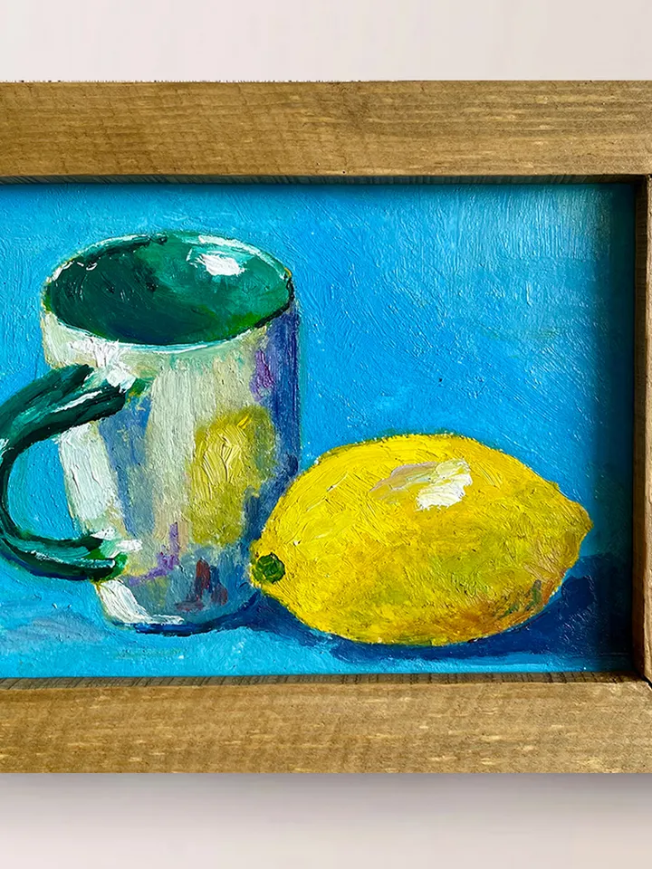 Lemon painting oil, original lemon and cup still life painting, fruit wall art, framed citrus painting, kitchen wall decor