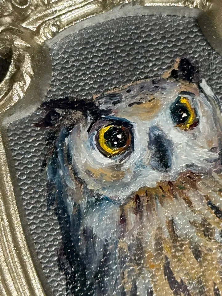 Owl Oil Painting Original In Vintage Style Frame Small Framed Bird Art Baby Owl