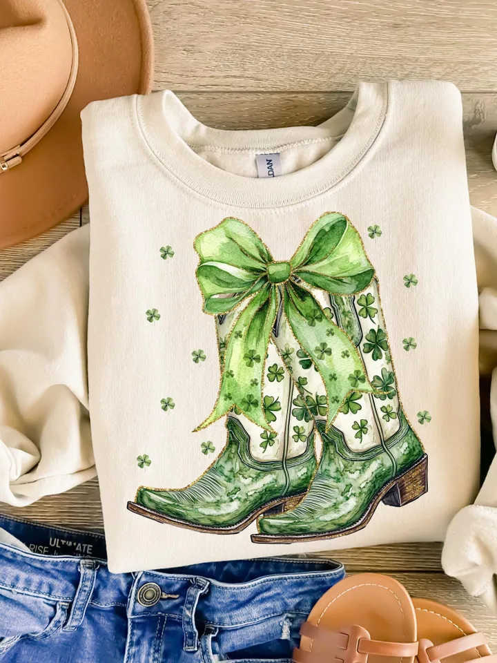 St. Patricks Day PNG Western Coastal Cowgirl PNG Clipart, Green Coquette Bow Cowboy Boots png Gold Glitter Shamrock Four Leaf Clover Design