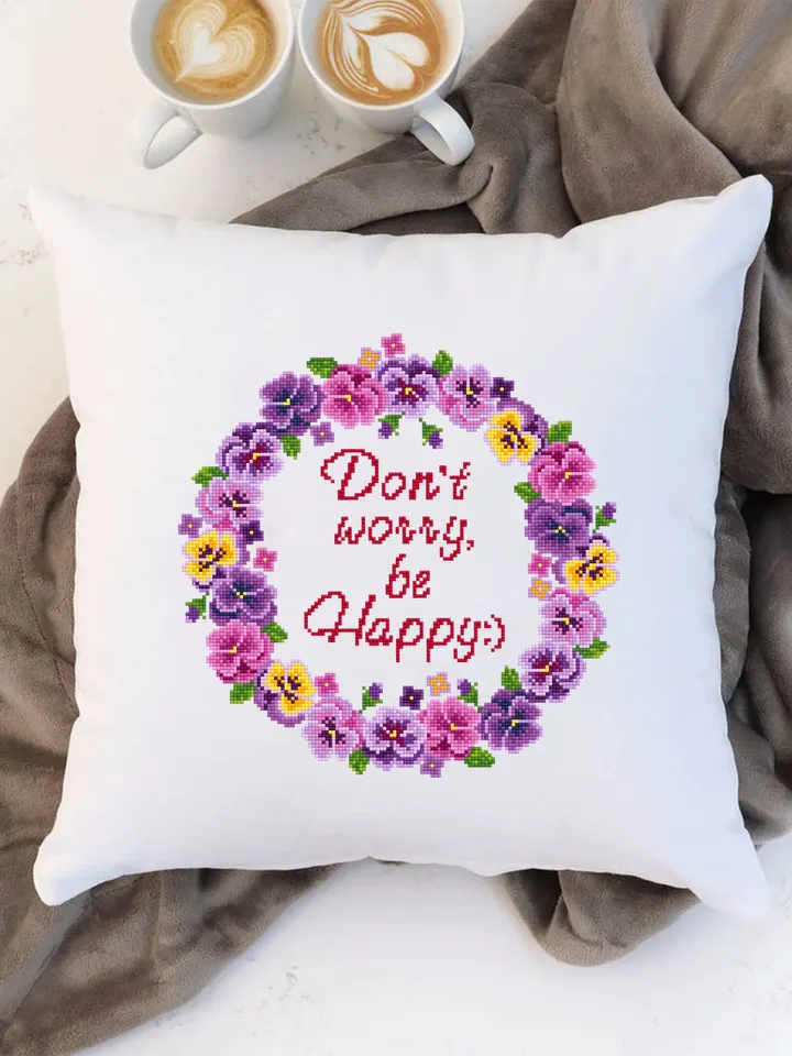 Framed quote cross stitch pattern PDF download Dont worry be happy, Flower wreath cross stitch chart, Floral frame cross stitch, Violet #Q32