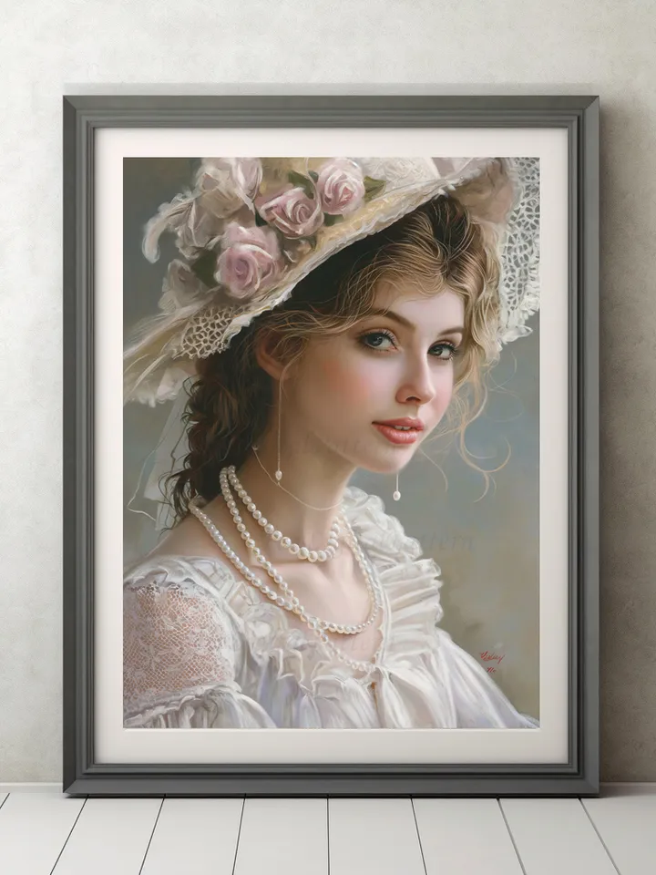 Digital painting. French woman. Romantic girl with a hat. Wall decoration in pastel colors. Parisienne. Digital illustration.Instant download.