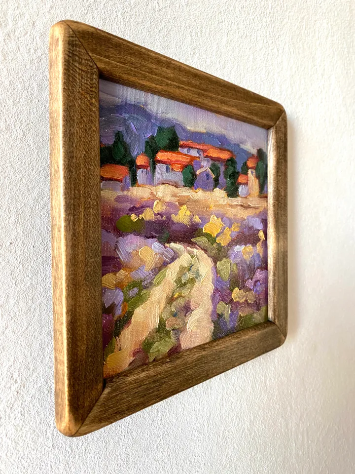 Lavender Fields Painting Tuscany Original Art Landscape Oil Painting Impasto Small Artwork 6x6 Tuscan Serenity Painting Wild Flowers