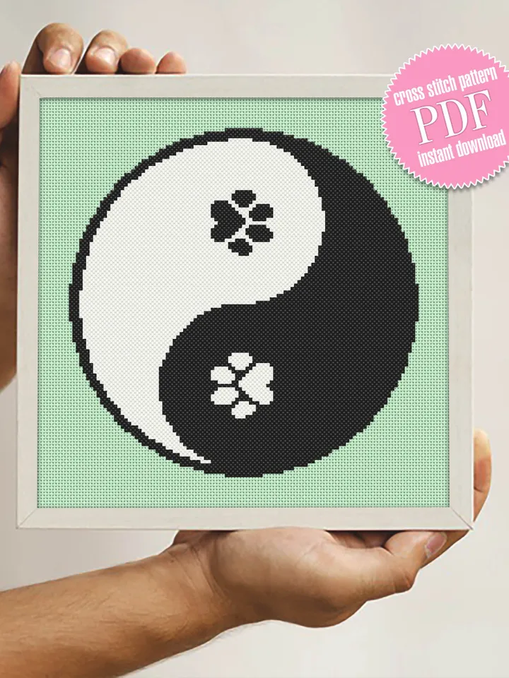 Yin Yang cross stitch pattern download PDF Ying yang mandala pattern digital Cat paw beginner stitch Chinese embroidery Cat lover gift #M90
