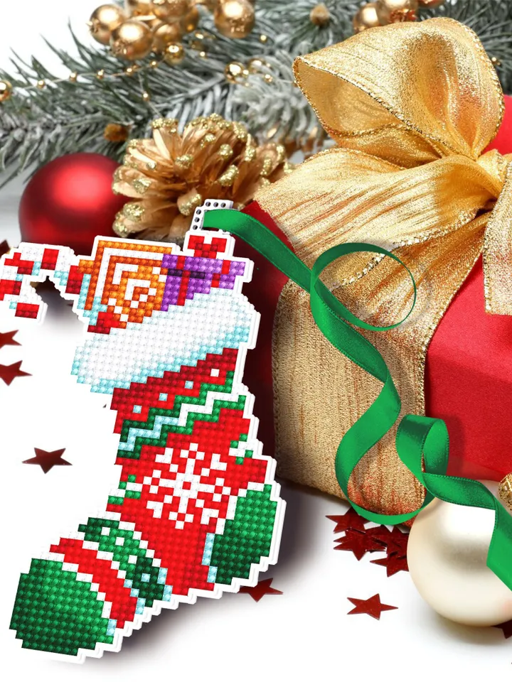 Christmas sock cross stitch pattern PDF download Double-sided Christmas tree decor for plastic canvas, Stockings cross stitch chart #N131