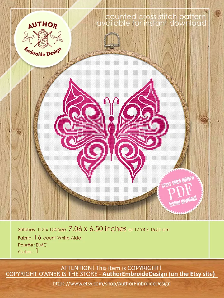 Monochrome butterfly cross stitch pattern PDF download Mandala butterfly embroidery PDF, Vintage butterfly ornament pattern Home decor #M227