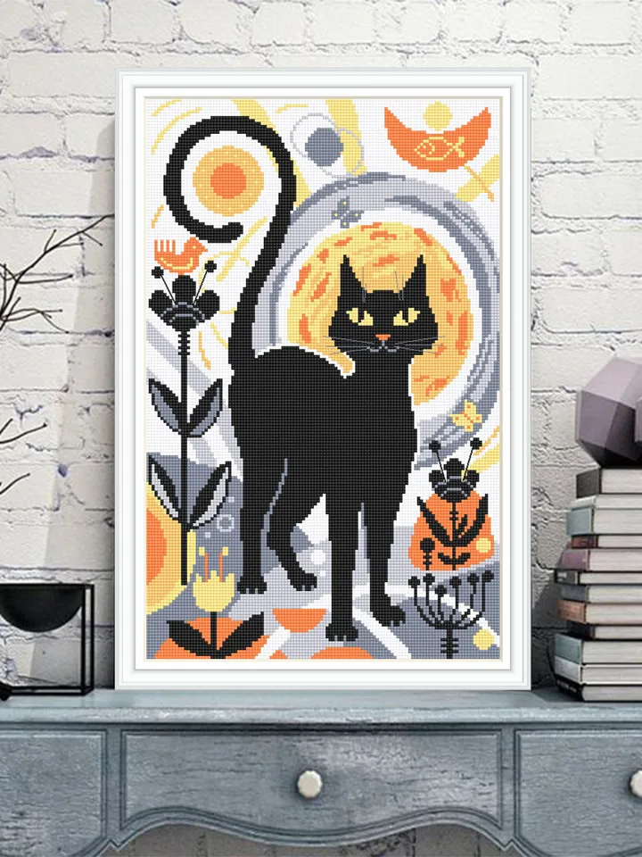 Boho cat cross stitch pattern PDF download Boho cross stitch chart, Abstract pattern digital PDF, Black cat embroidery, Boho wall decor #K22