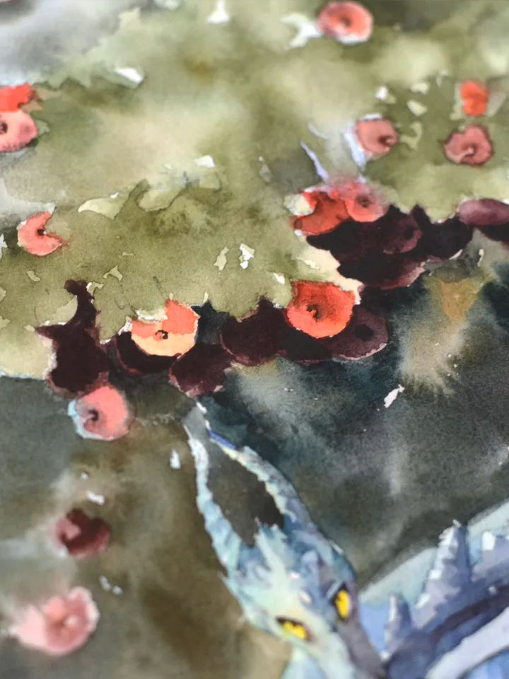 Blue dragon Original Fantasy art Watercolor painting by Yulia Evsyukova