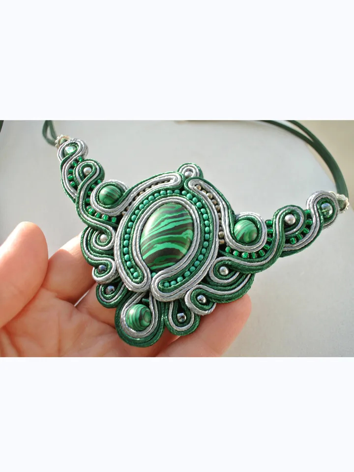 Malachite Green Statement Necklace, Soutache embroidered necklace with natural stone