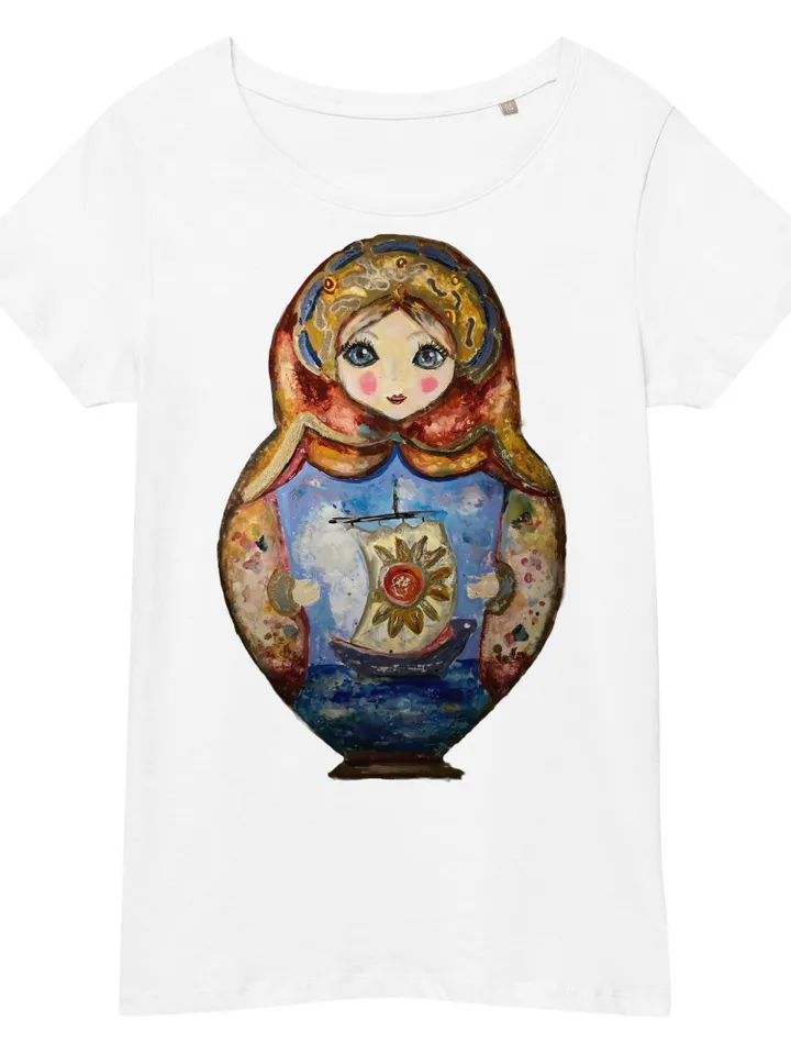 Russian doll Women’s basic organic t-shirt made from my original mix media painting,matryoshka gifts for her.