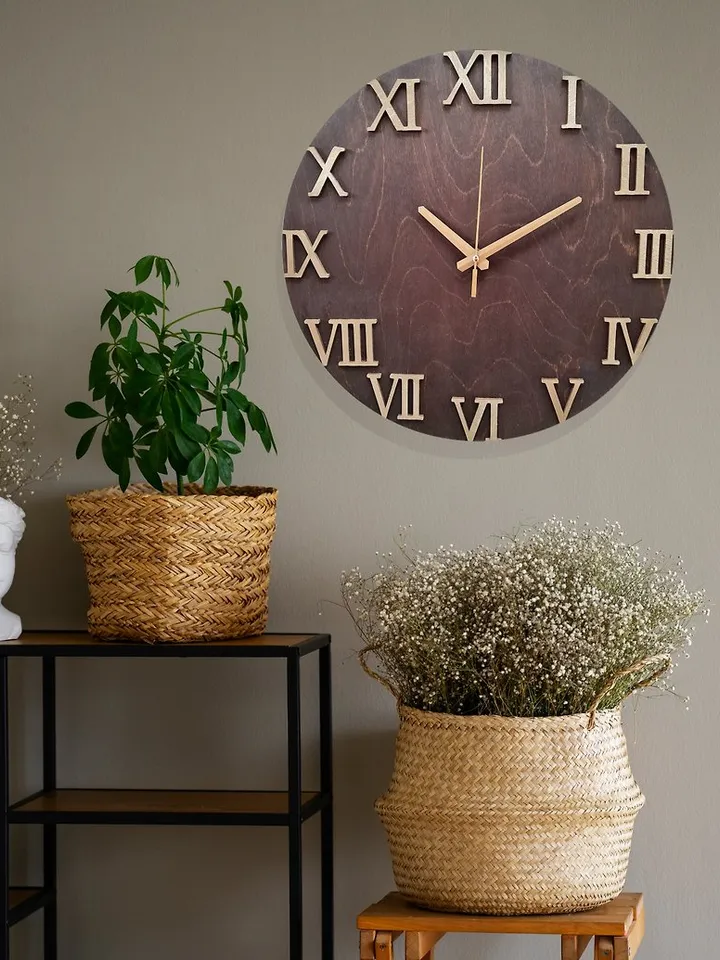 Wooden art wall clock Minimalist clock Large brown clock Silent clock 3D numbers