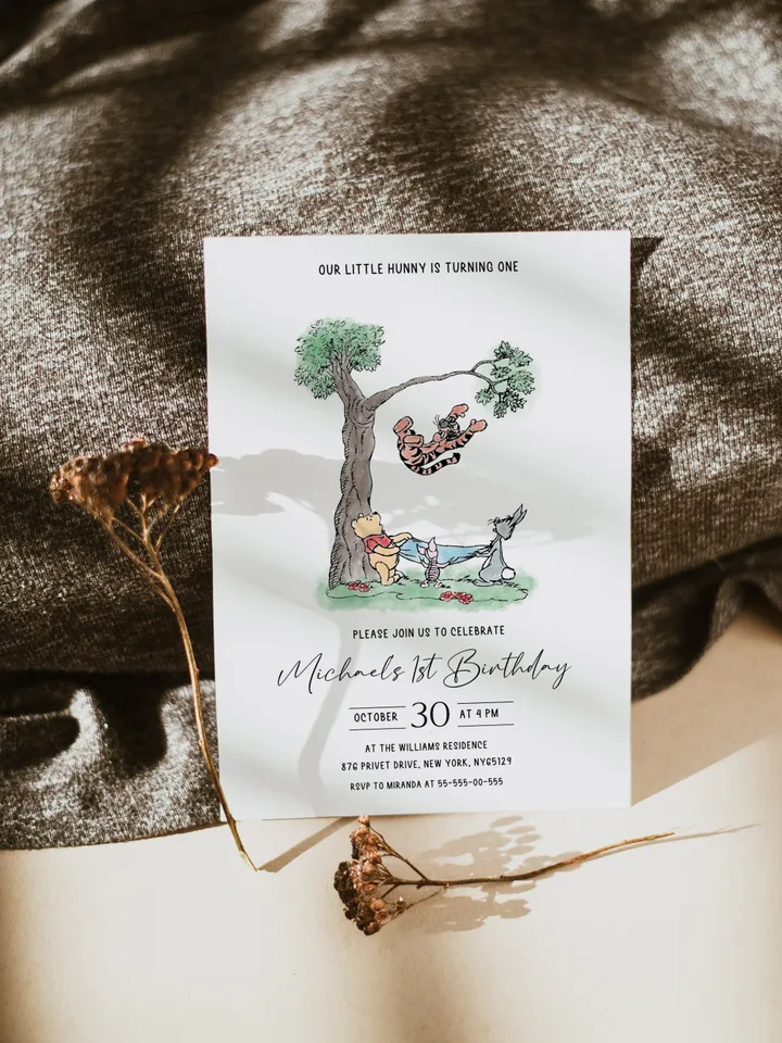 Winnie the Pooh Inspired First Birthday; Classic Winnie Pooh Invitations; Neutral Winnie Pooh Turning One; Winnie Pooh Birthday Party Theme