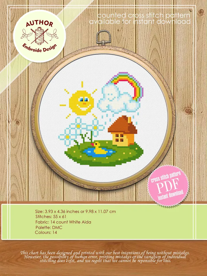 Nature cross stitch pattern download PDF Summer home xstitch chart Baby pattern digital Cute beginner stitch Small picture embroidery #O11