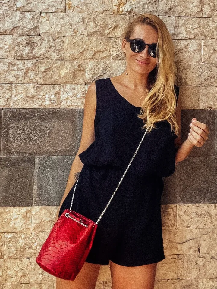Genuine python skin bucket red chain bag / designer women purse / bright soft bag / exotic leather bags free shipping | gift for her