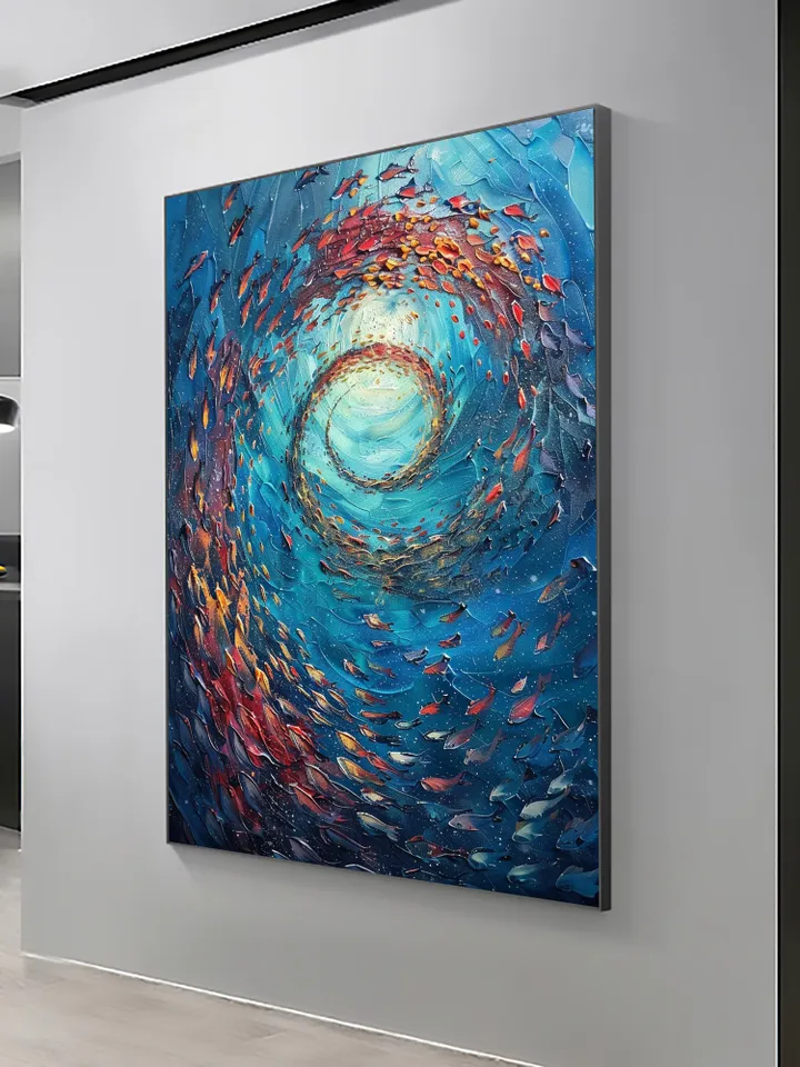 Original School of Fish Oil Painting On Canvas, Abstract Blue Underwater World Art, Ocean Painting, Custom Painting, Living Room Wall Art