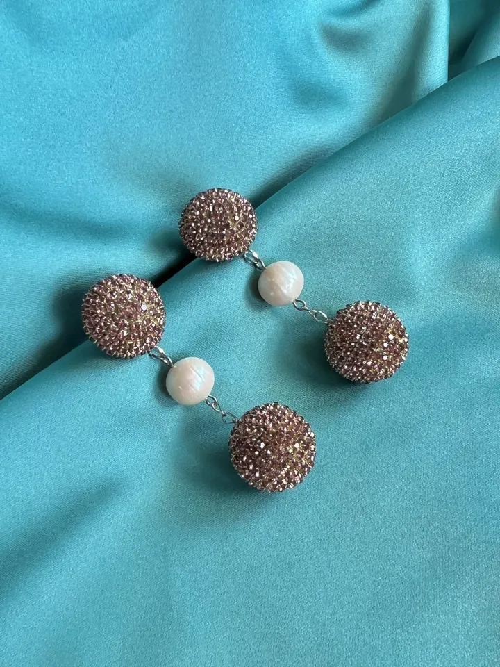 Crystal Balls and natural pearl on Chain Earrings