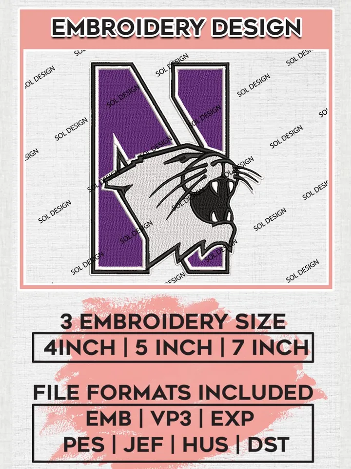 NCAA Northwestern Wildcats Team Mascot Logo Machine Embroidery Design, NCAA Northwestern Wildcats Team Design Design files, NCAA Team Embroidery Designs, NCAA Machine Embroidery Designs, Digital Download