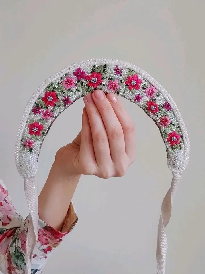 Crown Headdress Tiara Bohemian Style Beaded Embroidery White with Flowers Boho Pattern Ala Rus Ethnic Boho Headdress Accessory  Eclectic Bride Costume Fashion