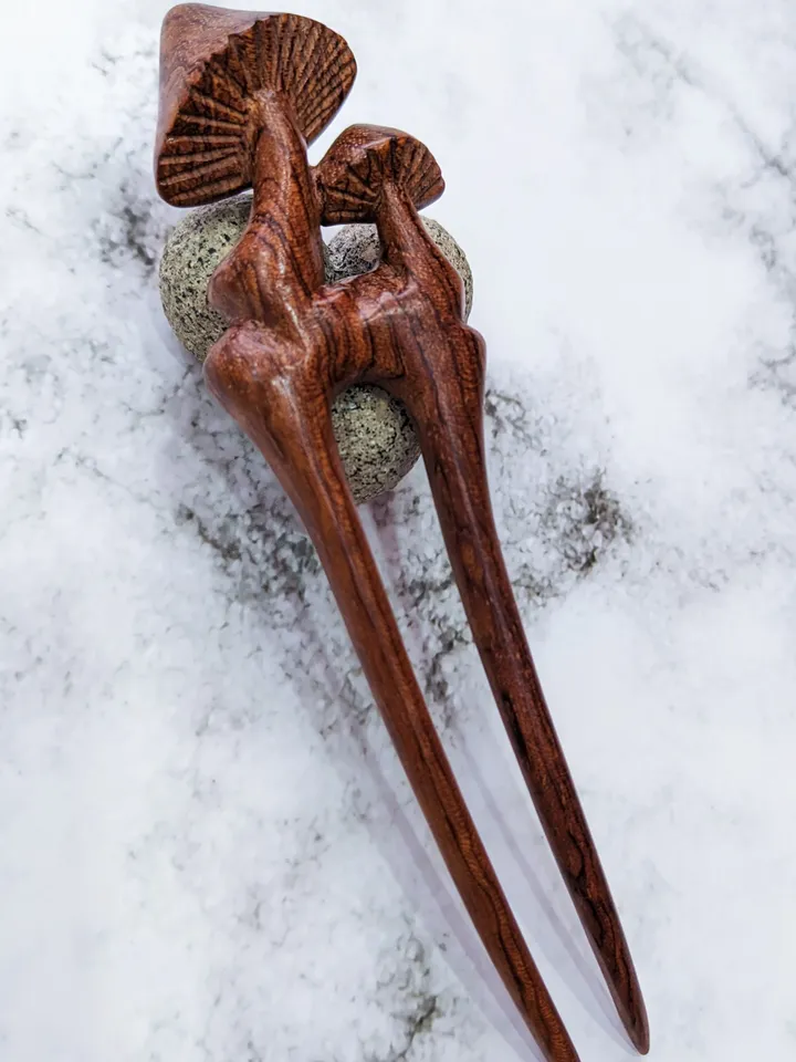 Carved wooden hairpin with mushrooms. Handmade hairpin from African bubinga wood.